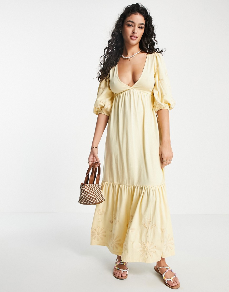 ASOS DESIGN puff sleeve maxi dress with embroidery in buttermilk-Yellow