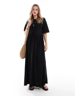 Asos Design Puff Sleeve Maxi Dress With Tie Up Bodice In Black