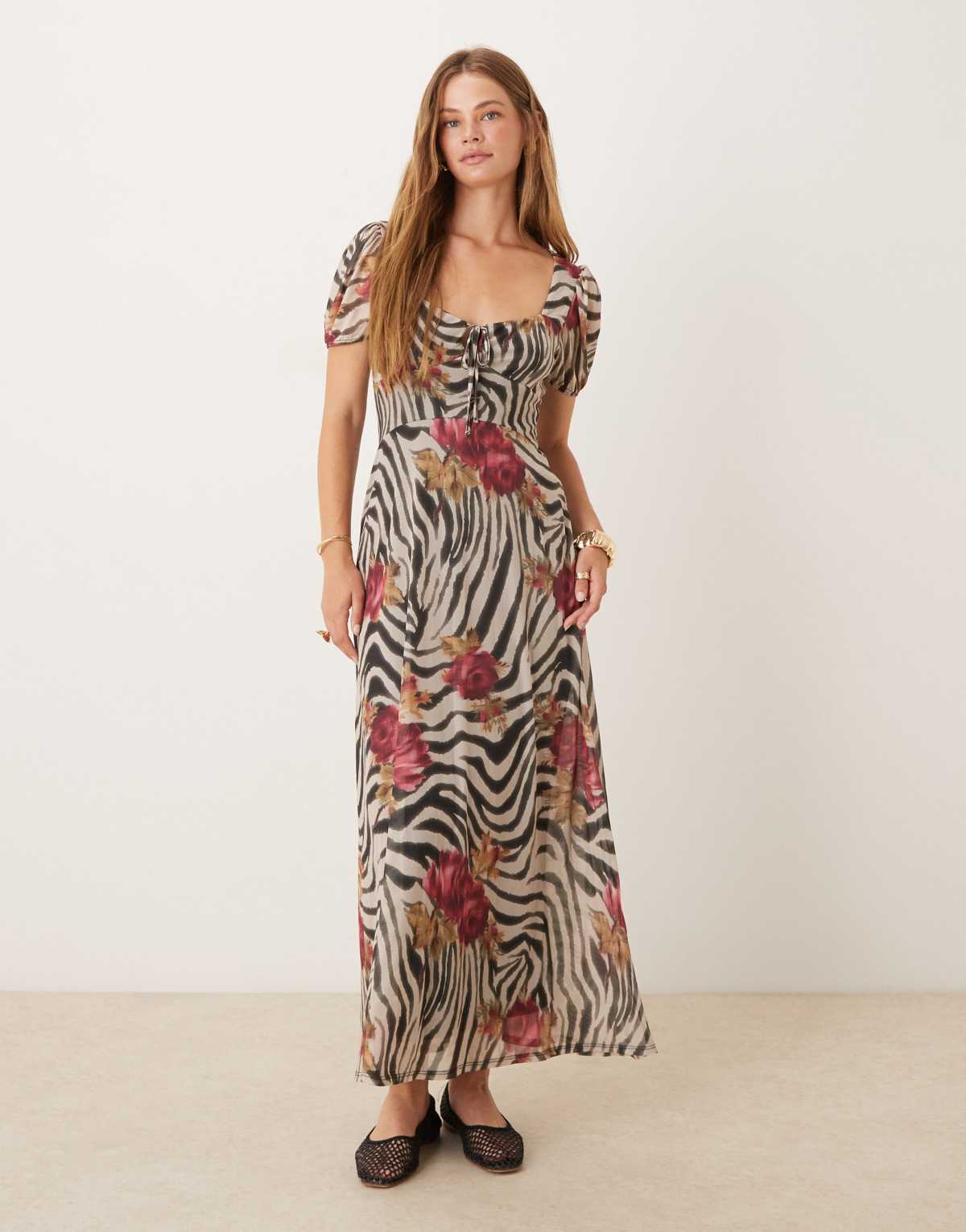 ASOS DESIGN puff sleeve mid tea dress in animal floral print
