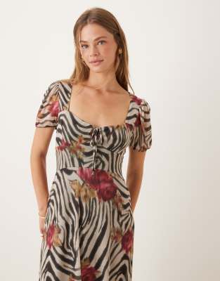 Asos Design Puff Sleeve Mid Tea Dress In Multi