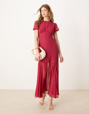 Asos Design Puff Sleeve Midi Dress In Red