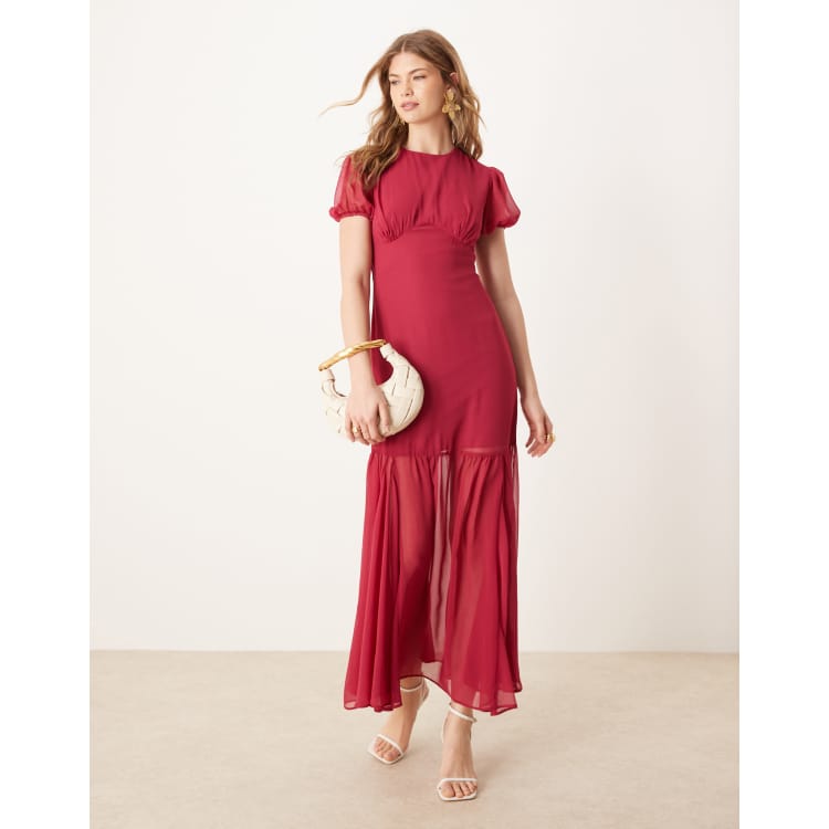 ASOS DESIGN puff sleeve midi dress in dark cherry | ASOS