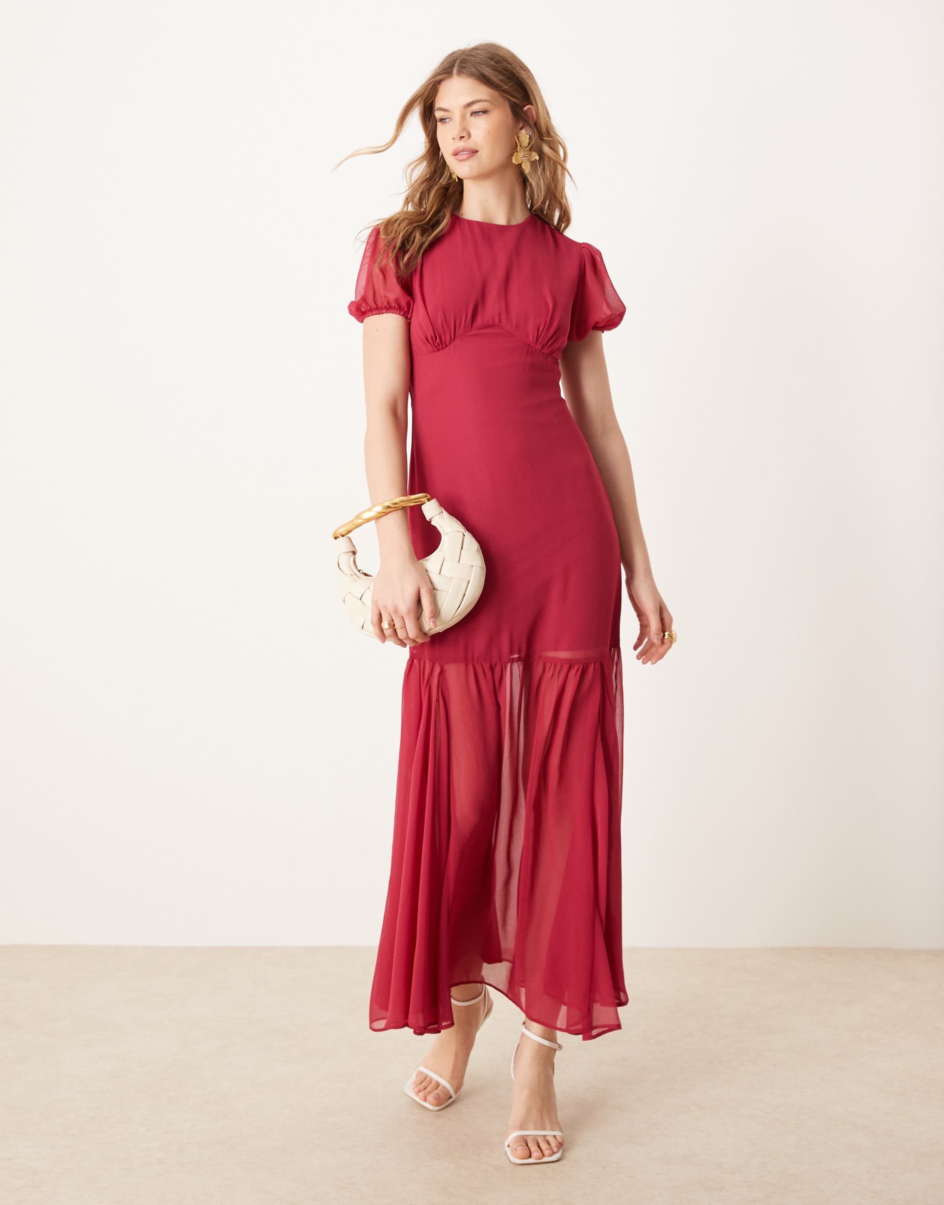asos design puff sleeve midi dress in dark cherry