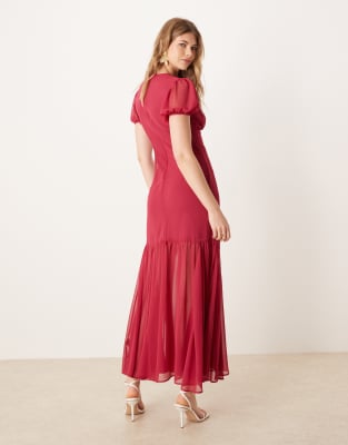 Asos Design Puff Sleeve Midi Dress In Red