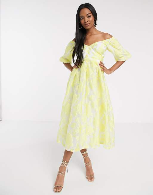 Jacquard Off Shoulder Midi Dress - Yellow