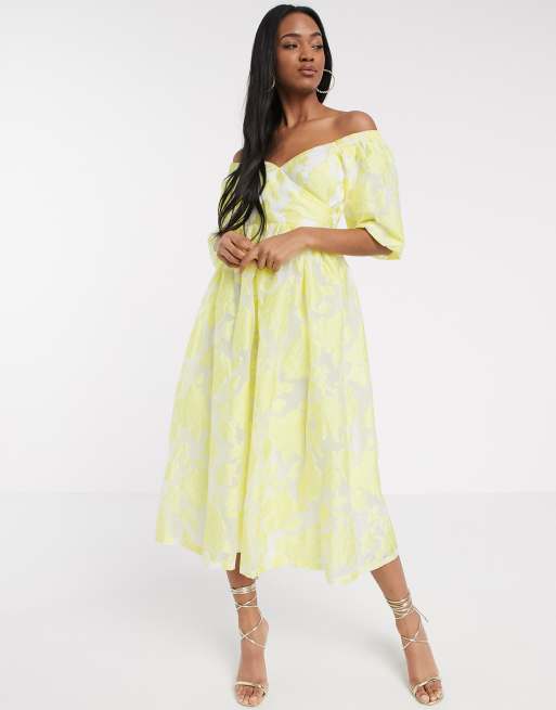 ASOS EDITION puff sleeve cut out detail midi dress in yellow