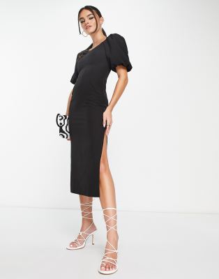 Asos Design Puff Sleeve Midi Dress With Asym Neck Line In Black