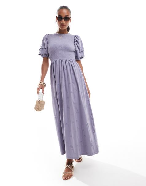 ASOS DESIGN puff sleeve midi dress with embroidery in blue - view 1