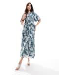 [ASOS DESIGN] ASOS DESIGN puff sleeve midi dress with gauged waist in blue floral print-Multi 12 Blue floral
