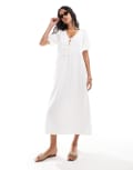 [ASOS DESIGN] ASOS DESIGN puff sleeve midi dress with tie up bodice in white 8 WHITE