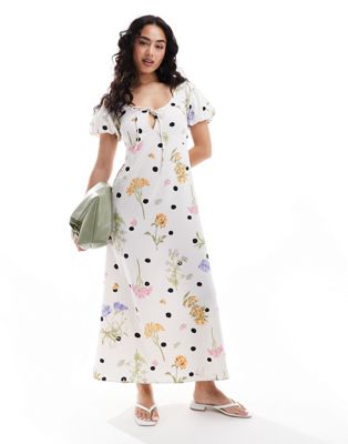 Asos Design Puff Sleeve Midi Tea Dress In Floral Spot Print-multi