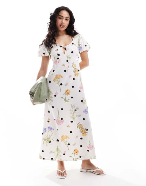 ASOS DESIGN puff sleeve midi tea dress in floral spot print - view 1