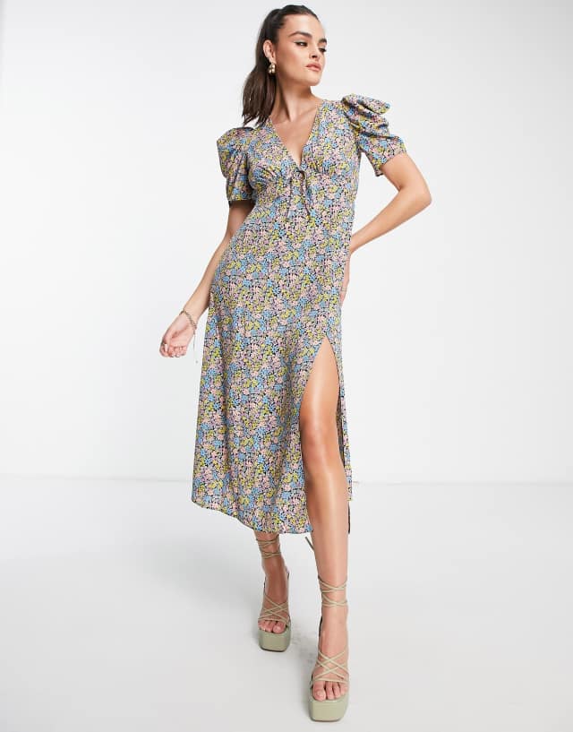 ASOS DESIGN puff sleeve midi tea dress in multicolored floral print