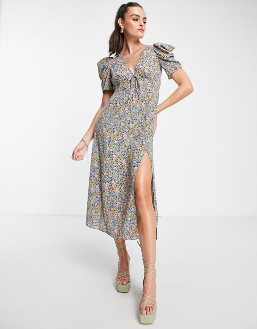 ASOS DESIGN puff sleeve midi tea dress in multicoloured floral print | ASOS