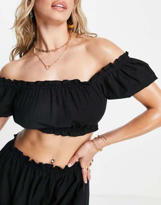 ASOS LUXE cotton puff sleeve mini crop top in black