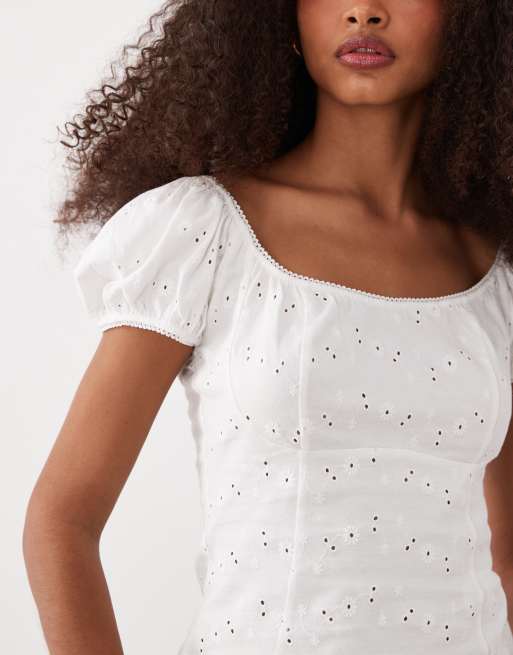 ASOS DESIGN puff sleeve milk maid jersey broderie tee in white, 3 of 4