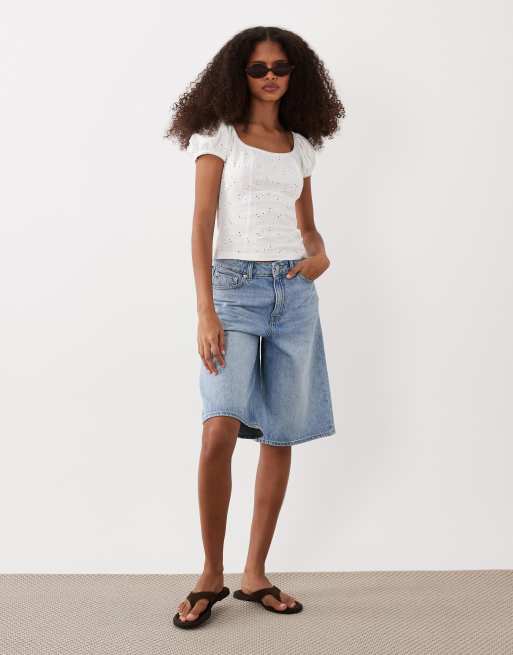 ASOS DESIGN puff sleeve milkmaid jersey broderie tee in white, 2 of 4