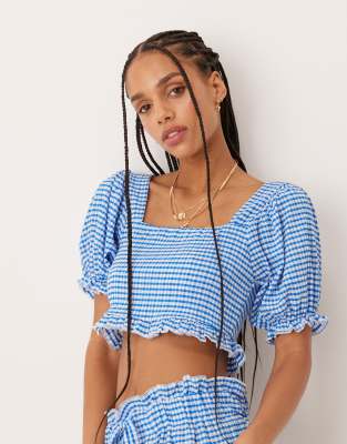 Asos Design Puff Sleeve Milkmaid Top In Blue
