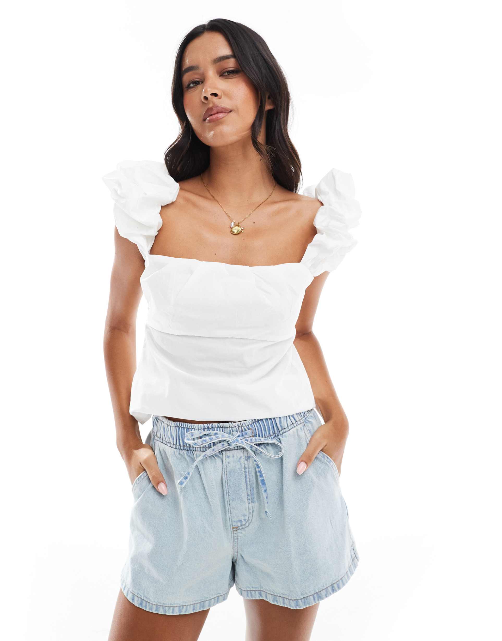 asos design puff sleeve milkmaid top with elasticated back in white