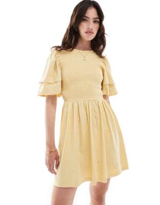 Shop ASOS DESIGN puff sleeve mini dress in acid wash buttermilk with Online – Trendy & Affordable Fashion