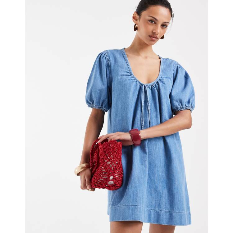 blue mini dress asos ASOS Design - Puff Sleeve Mini Dress - Women - Cotton - 8 US