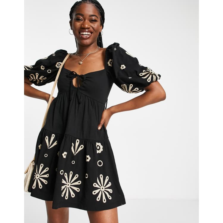 ASOS DESIGN puff sleeve mini dress with cream embroidery in black