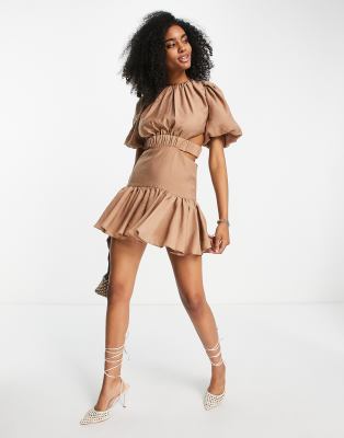 Taupe Ruched Crew Neck Oversized Sweatshirt Dress