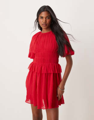 puff sleeve mini dress with gauged waist in red