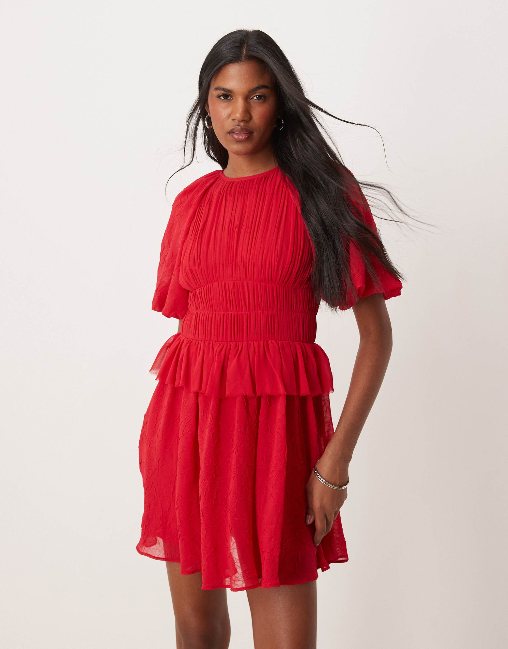 asos design puff sleeve mini dress with gauged waist in red