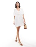 [ASOS DESIGN] ASOS DESIGN puff sleeve mini dress with tie up bodice in white 6 WHITE