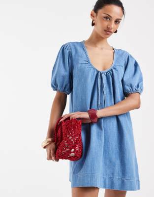 Asos Design Puff Sleeve Mini Dress-blue