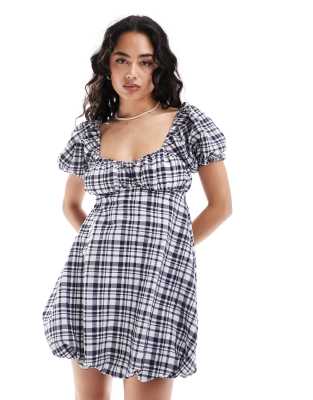 Asos Design Puff Sleeve Mini Smock Dress With Puff Ball Hem In Navy Gingham-multi