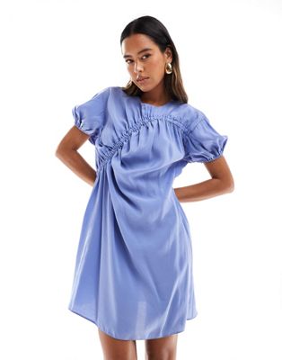 Asos Design Puff Sleeve Mini Smock Dress With Ruching Detail In Denim Blue