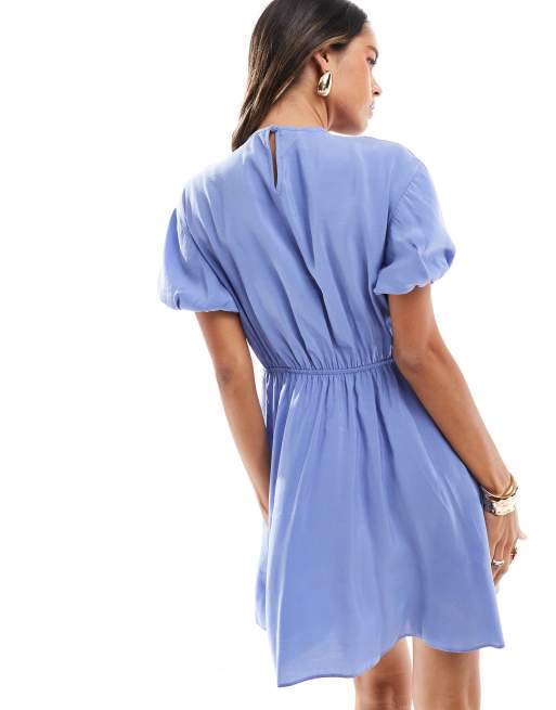 ASOS DESIGN puff sleeve mini smock dress with ruching detail in denim blue