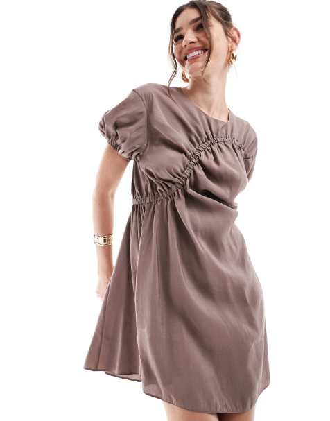 ASOS DESIGN puff sleeve mini smock dress with ruching detail in mocha - view 1