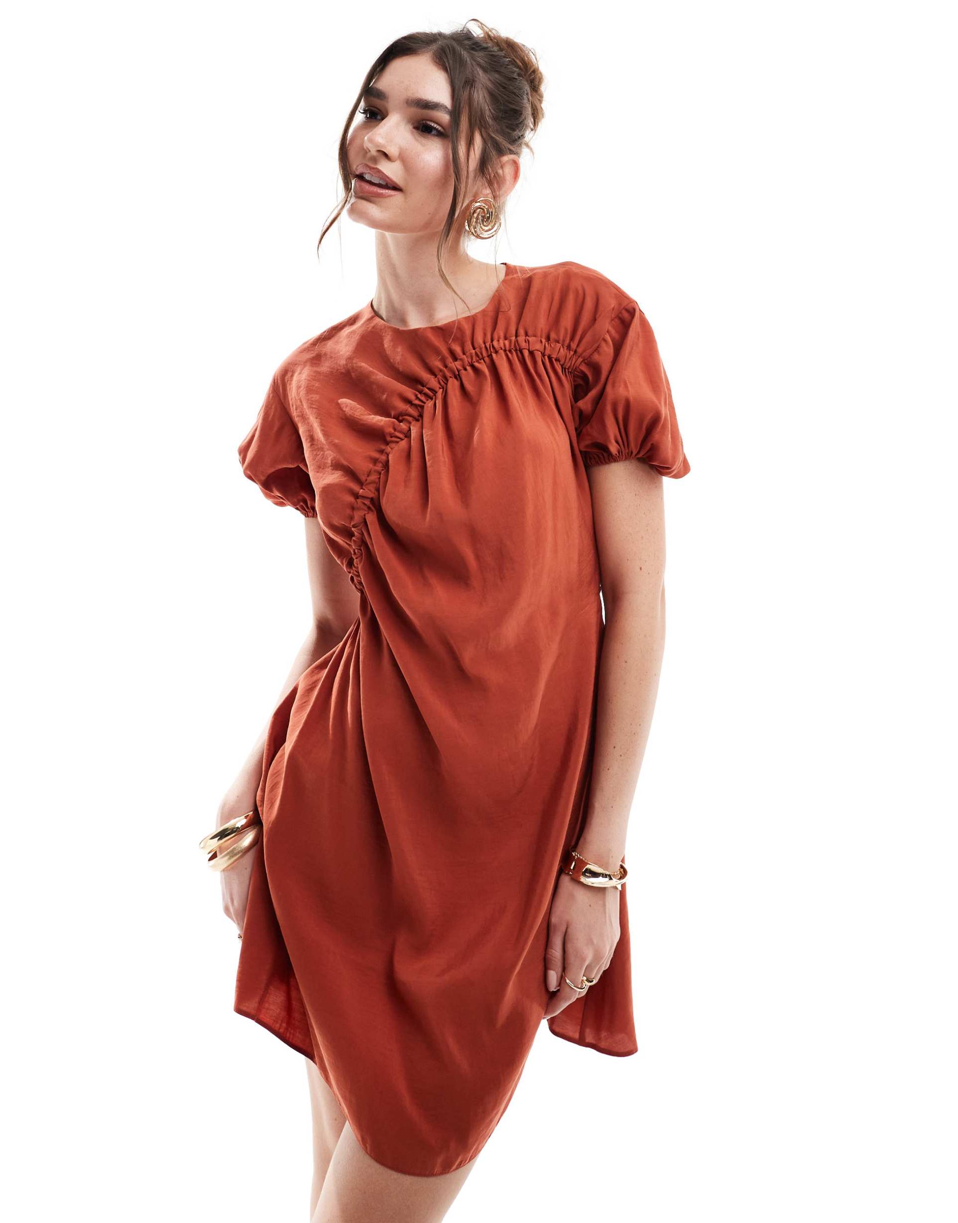 asos design puff sleeve mini smock dress with ruching detail in rust