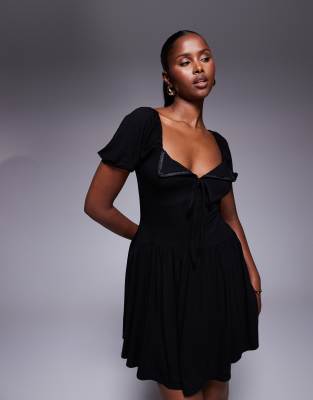 puff sleeve mini tea dress in black