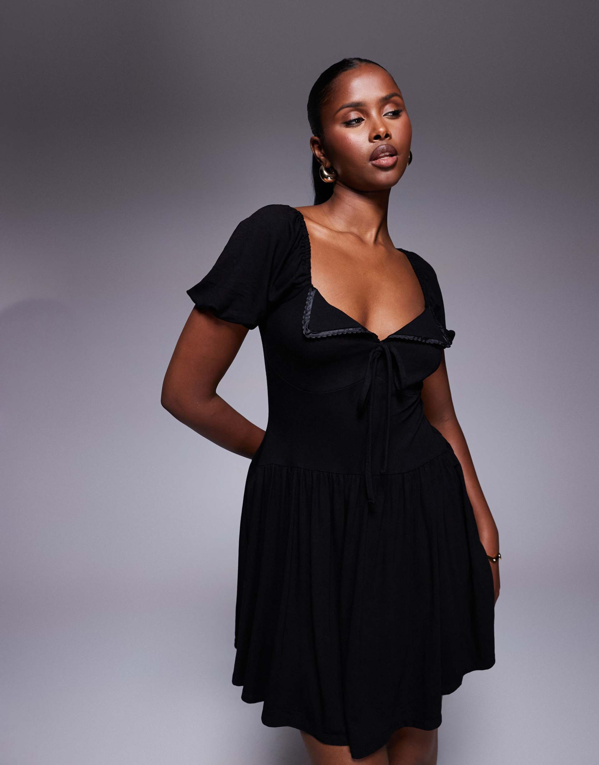 asos design puff sleeve mini tea dress in black