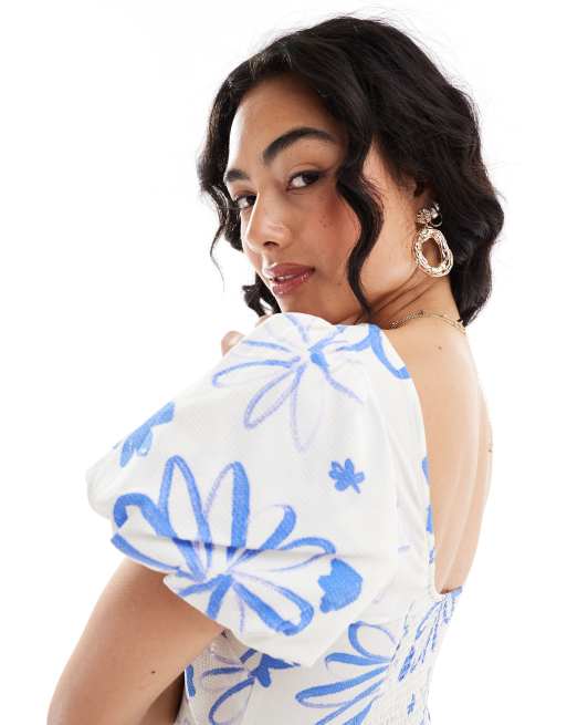 ASOS DESIGN puff sleeve mini tea dress in cream blue floral print, 3 of 4