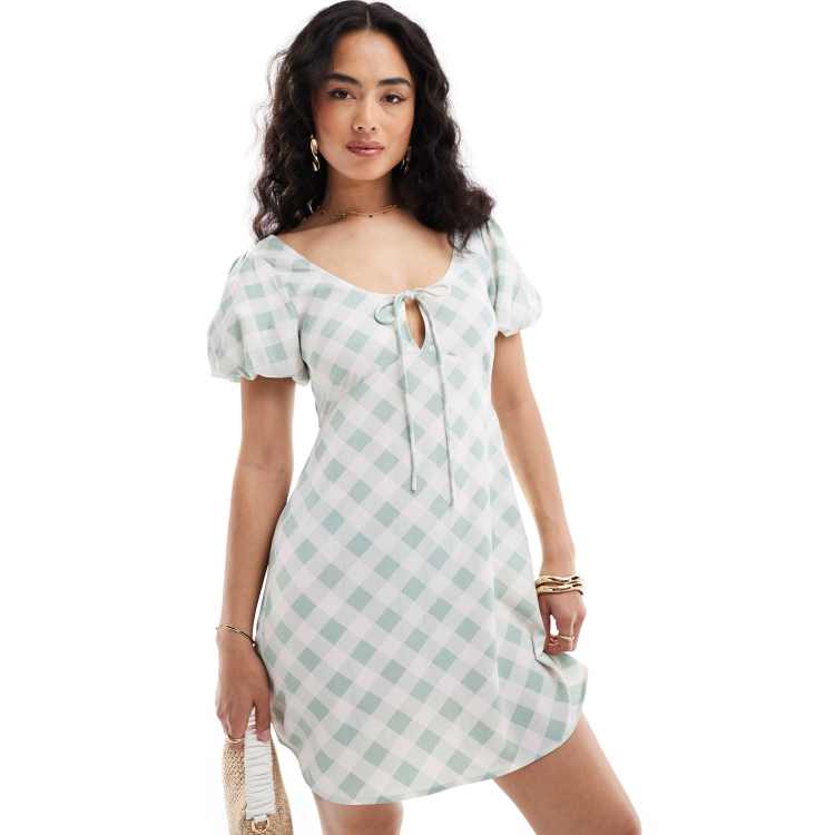 ASOS DESIGN puff sleeve mini tea dress in mint gingham | ASOS