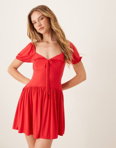 ASOS DESIGN puff sleeve mini tea dress in red - view 1