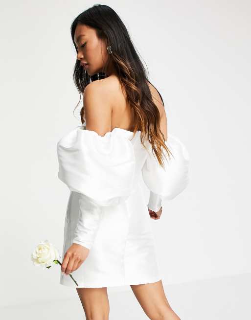ASOS DESIGN puff sleeve off shoulder mini wedding dress - IVORY | ASOS