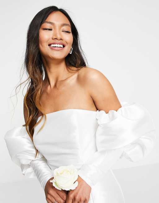 ASOS DESIGN Lila satin structured off shoulder mini wedding dress