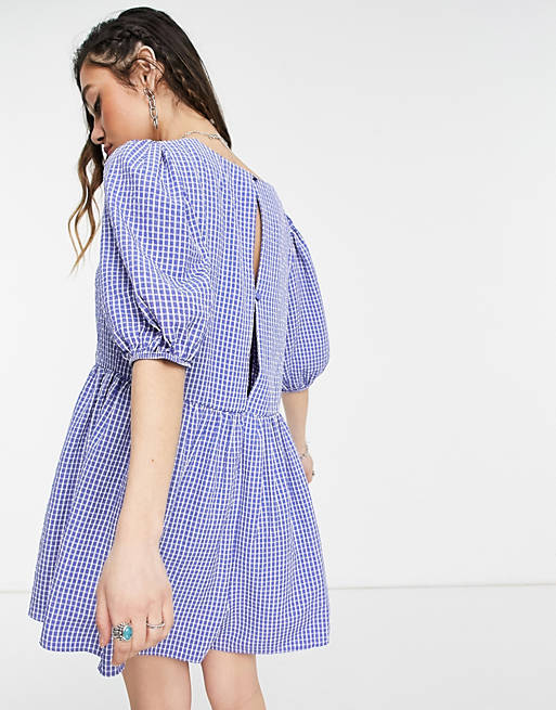  puff sleeve playsuit in blue check 
