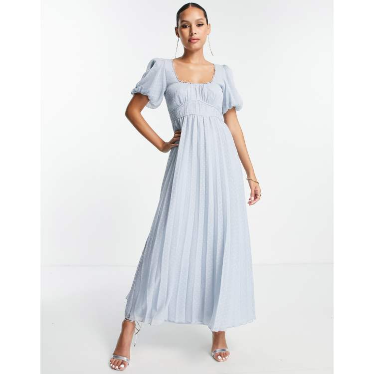 ASOS DESIGN puff sleeve pleated dobby midi dress with scallop trim in  pastel blue