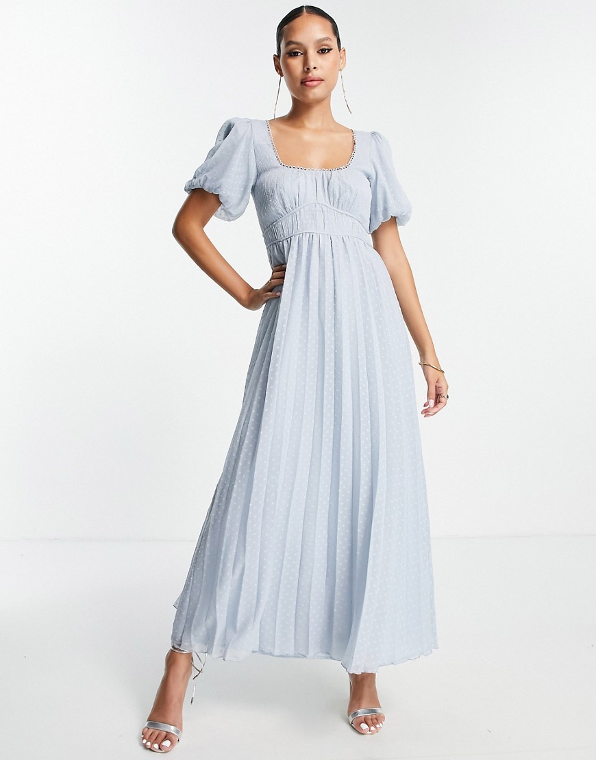 Asos Design Puff Sleeve Pleated Textured Midi Dress With Scallop Trim In Pastel Blue