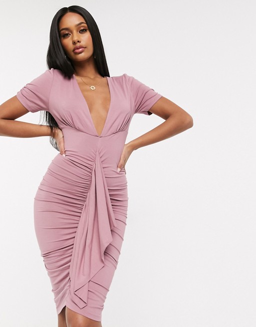 ASOS DESIGN ruched bodycon midi dress with plunge neck in mauve pink