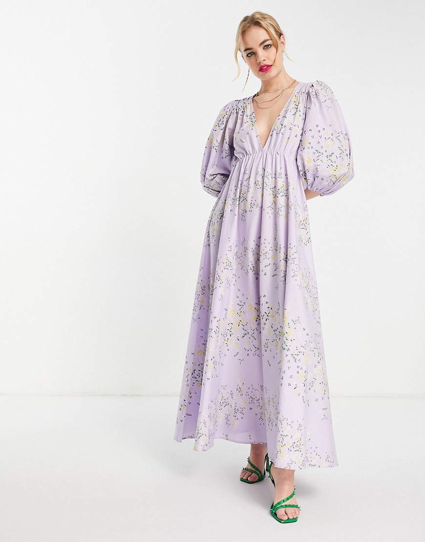 ASOS DESIGN puff sleeve poplin midi dress in lilac floral-Multi
