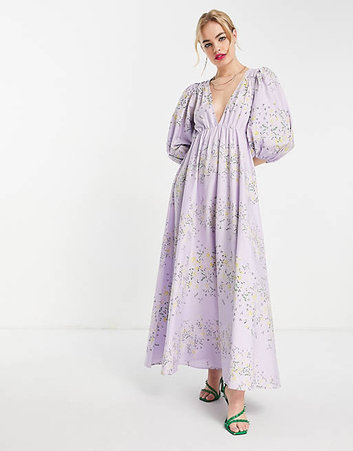 ASOS DESIGN puff sleeve poplin midi dress in lilac floral | ASOS