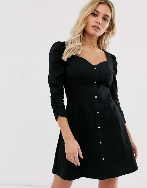 ASOS DESIGN puff sleeve popper front tea dress in black | ASOS